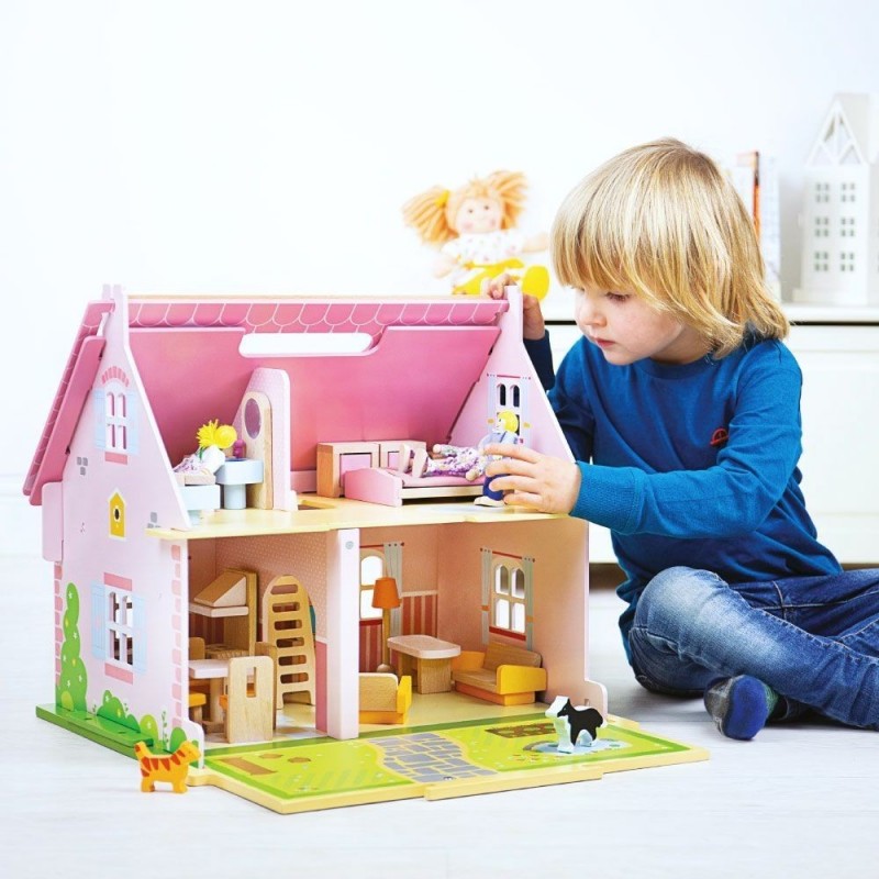 Medinis lėlių namas su priedais